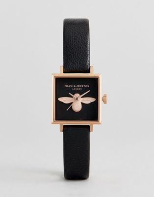 Olivia Burton OB16AM128 3D bee square leather watch in black