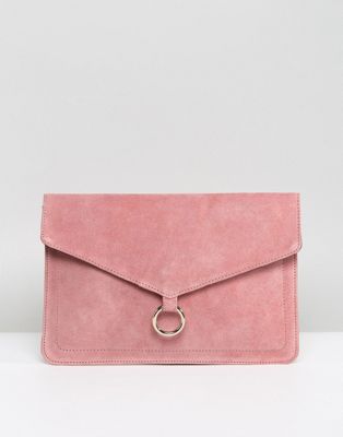 DESIGN suede envelope clutch bag with ring detail