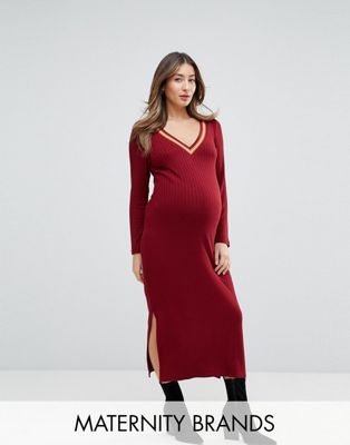 GeBe Maternity Midi Dress With Contrast Rib Neck