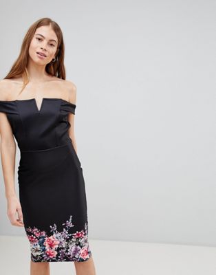 Paper Dolls Bardot Pencil Dress With Floral Border Print