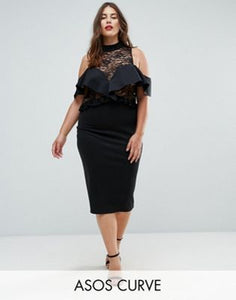 CURVE Ruffle Front Sheer Lace Bodycon Midi Dress