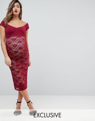 MATERNITY Bardot Lace Midi Bodycon Dress