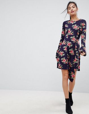 Mini Dress With Hanky Hem And Frill Cuff In Spot Floral Print