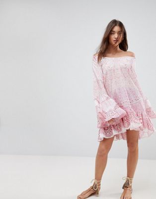 Island Stories Oversized Off Shoulder Drop Waist Ruffle Beach Dress