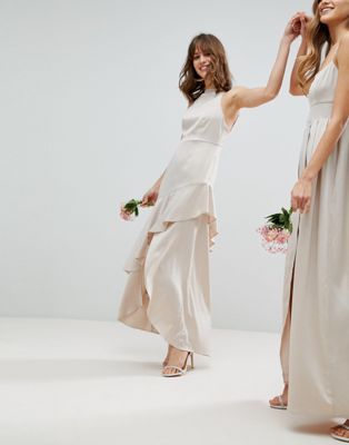 DESIGN Bridesmaid satin ruffle hem pinny bodice maxi dress