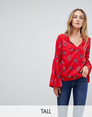 Influence Tall V Neck Flared Sleeve Floral Top