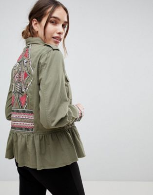 b.Young Embroidered Peplum Hem Military Jacket