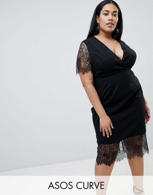 DESIGN Curve Pencil Dress With V Neck And Lace Sleeves And Hem