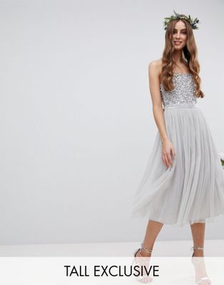 Maya Tall Cami Strap Sequin Top Tulle Detail Midi Bridesmaid Dress