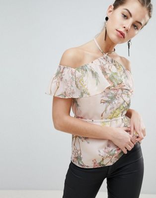 Morgan Allover Floral Frilly Cold Shoulder Top
