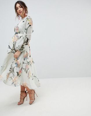 Hope & Ivy Maternity Long Sleeve Printed Dress With Lace Trim And Ruffle Open Back Detail