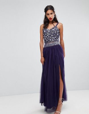 Lace & Beads Embellished Tulle Maxi Skirt