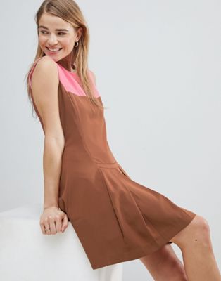 Louche Drop Hem Dress With Pleated Skirt And Contrast Neck