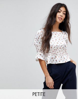 Fashion Union Petite Crop Top With Shirred Waist And Cuffs In Ditsy Floral Print