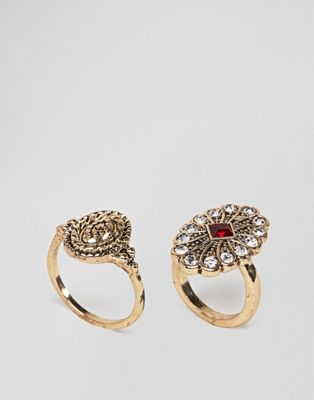 DESIGN Pack Of 2 Vintage Style Jewel Stone And Engraved Rings
