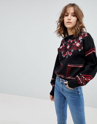 New Look Folk Floral Embroidered Sweater