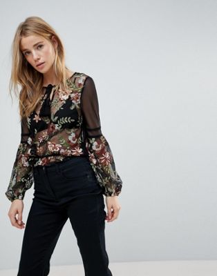 New Look Emboridered Mesh Woven Top