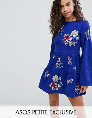 PETITE Embroidered Tiered Smock Dress With Long Sleeves