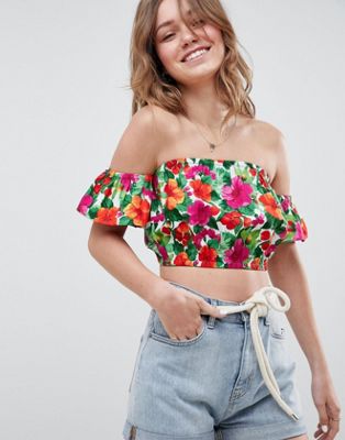 DESIGN Crop Off Shoulder Top With Ruffle Sleeve In Tropical
