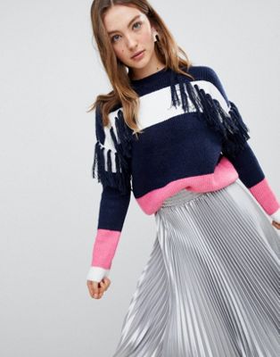 DESIGN block stripe sweater with fringing