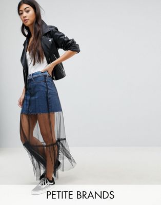 Noisy May Petite Denim Skirt With Mesh Overlay