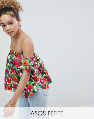DESIGN Petite Cotton Off Shoulder Top In Tropical Floral