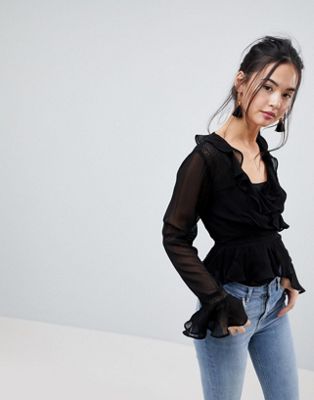Wrap Top With Ruffle and Lace Insert