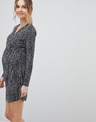 DESIGN Maternity Plisse Wrap Dress In Blurred Polka Dot