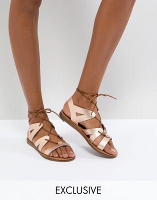 Office Saffy Rose Gold Leather Gladiator Lace Up Sandals