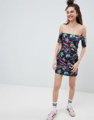 adidas Originals Floral Print Reversible Off Shoulder Dress
