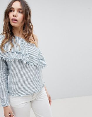 Only Striped Ruffle One Shoulder Top