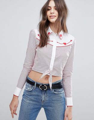 Fashion Union Western Shirt With Heart Embroidery In Stripe