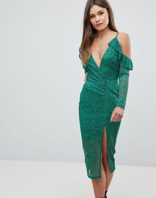 Cold Shoulder Lace Plunge Midi Dress