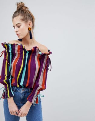 Boohoo Striped Bardot Tie Sleeve Top