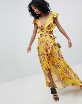 DESIGN ruffle maxi dress with cut out back in yellow floral print