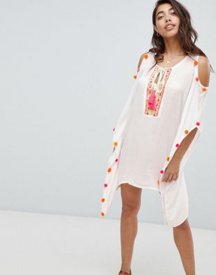 Anmol Cold Shoulder Beach Dress With Neon Pom Trim