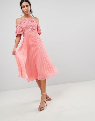 DESIGN Guipure Lace Top Midi Dress With Pleated Skirt