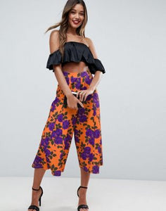 Cropped Wide Leg Pants with Flowing Hem in Orange Floral Print