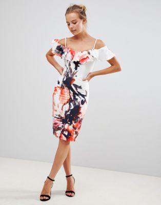 Little Mistress Frill Sleeve Printed Bodycon Dress