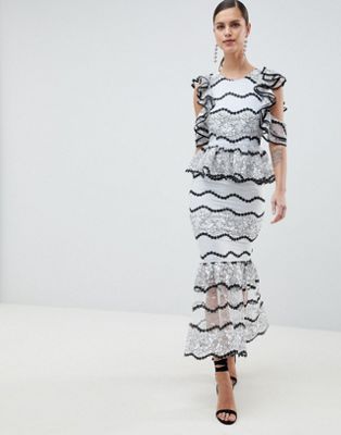 DESIGN Premium Lace Midi Dress With Peplum Frill Hem And Contrast Binding