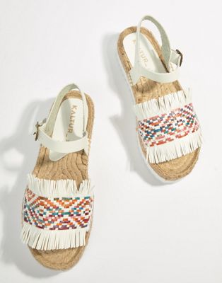 Kaltur White Ankle Tie Flatform Espadrille Sandals