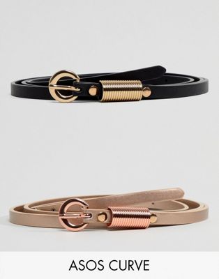 DESIGN Curve 2 pack waist & hip jeans belts with rose gold buckle detail