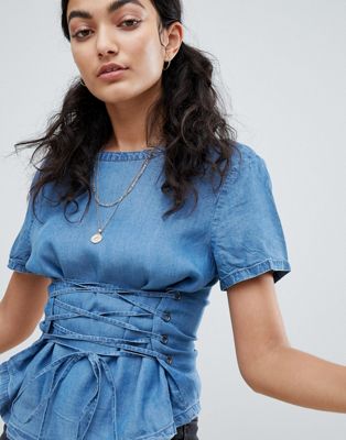 Noisy May Denim Top With Corset Detail