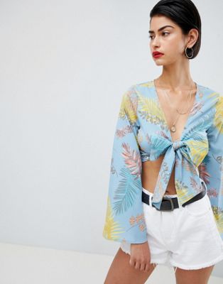 Missguided Tropical Print Tie Front Top