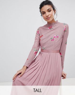 Little Mistress Tall Embroidered Lace Top Midaxi Dress With Pleated Skirt