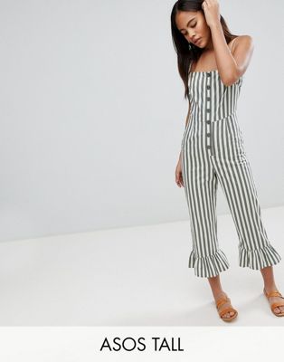 DESIGN Tall cotton frill hem jumpsuit with square neck and button detail in stripe