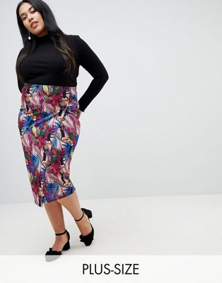 Lost Ink Plus Pencil Skirt In Tropical Print With Side Tabs