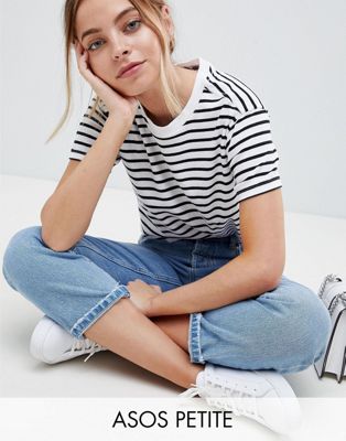 DESIGN Petite Boxy Crop Stripe T-Shirt In Rib