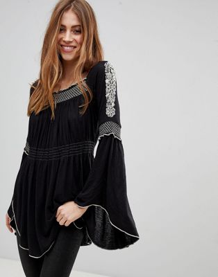 Free People Valley Embroidered Flared Sleeve Top