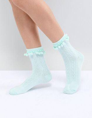 DESIGN Pom Pom Ankle Socks In Mint